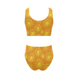 Sun orange background Chest Bowknot High Waisted Bikini Swimsuit