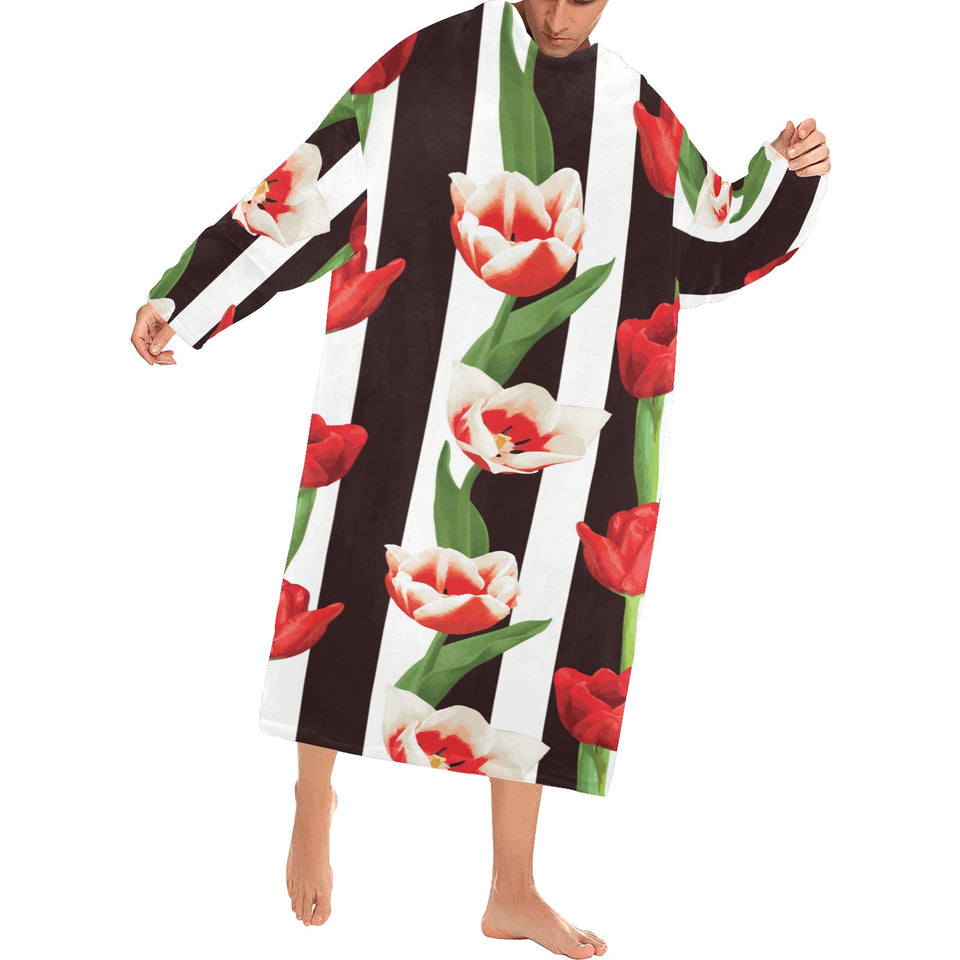 red and white tulips pattern Blanket Robe with Sleeves
