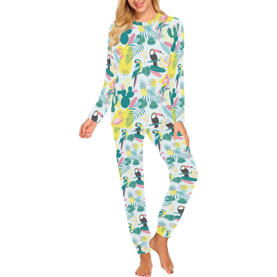 Cute parrot toucan flamingo cactus exotic leaves p Women's All Over Print Pajama Set