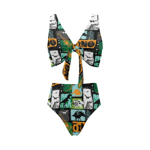dinosaurs print pattern Chest Bowknot High Waisted Bikini Swimsuit