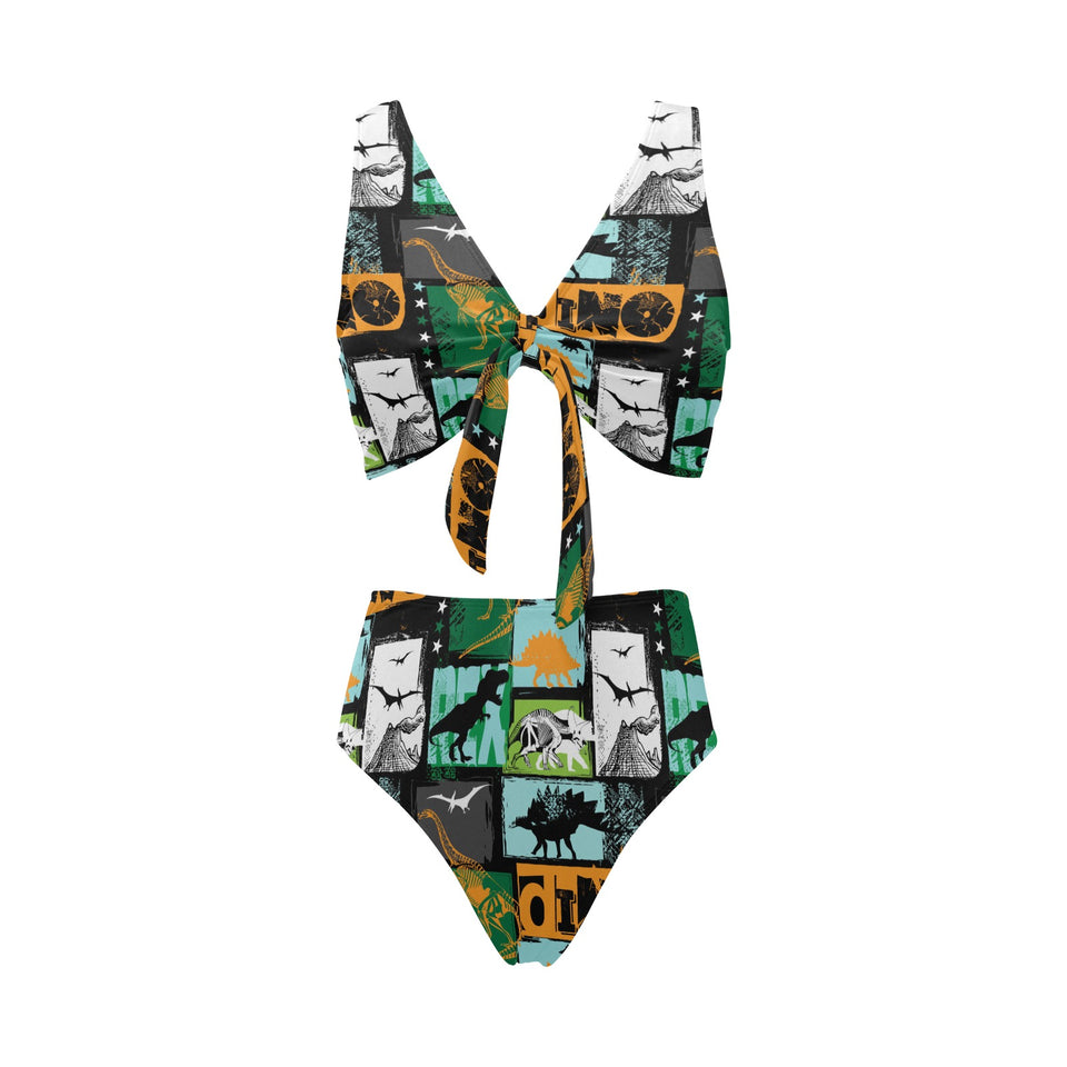 dinosaurs print pattern Chest Bowknot High Waisted Bikini Swimsuit