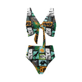 dinosaurs print pattern Chest Bowknot High Waisted Bikini Swimsuit