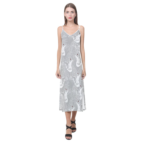 white swan gray background V-Neck Open Fork Long Dress