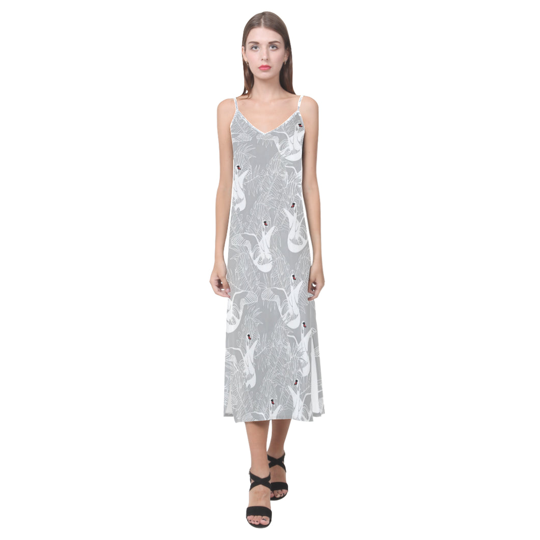 white swan gray background V-Neck Open Fork Long Dress