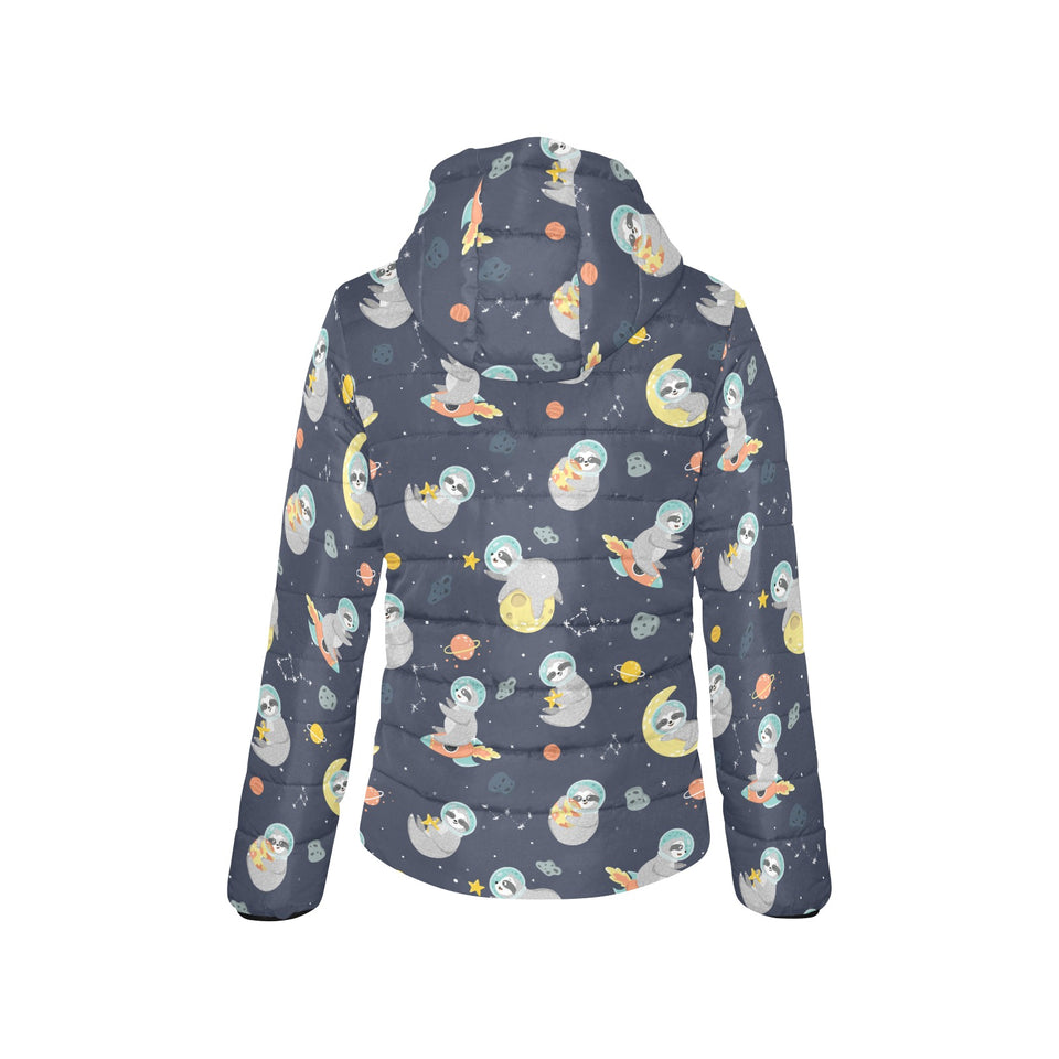 Cute sloth astronaut star planet rocket pattern Women's Padded Hooded Jacket