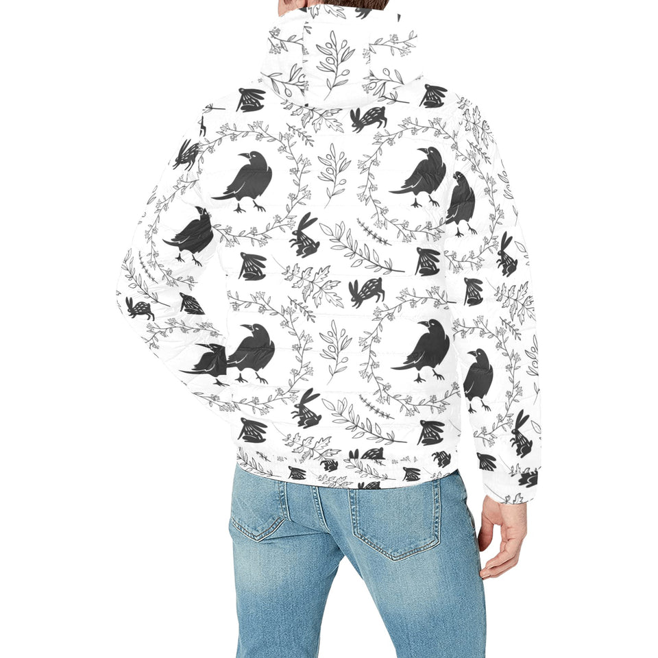 Crows floral wreath rabbit pattern Men's Padded Hooded Jacket