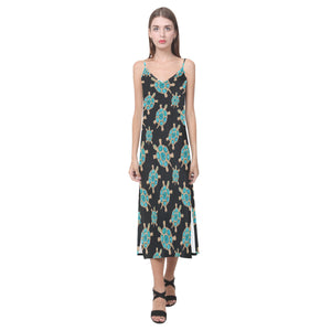 Sea turtle blue stone pattern V-Neck Open Fork Long Dress