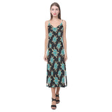 Sea turtle blue stone pattern V-Neck Open Fork Long Dress