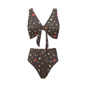 Coffee bean leave pattern Chest Bowknot High Waisted Bikini Swimsuit