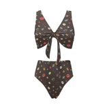 Coffee bean leave pattern Chest Bowknot High Waisted Bikini Swimsuit
