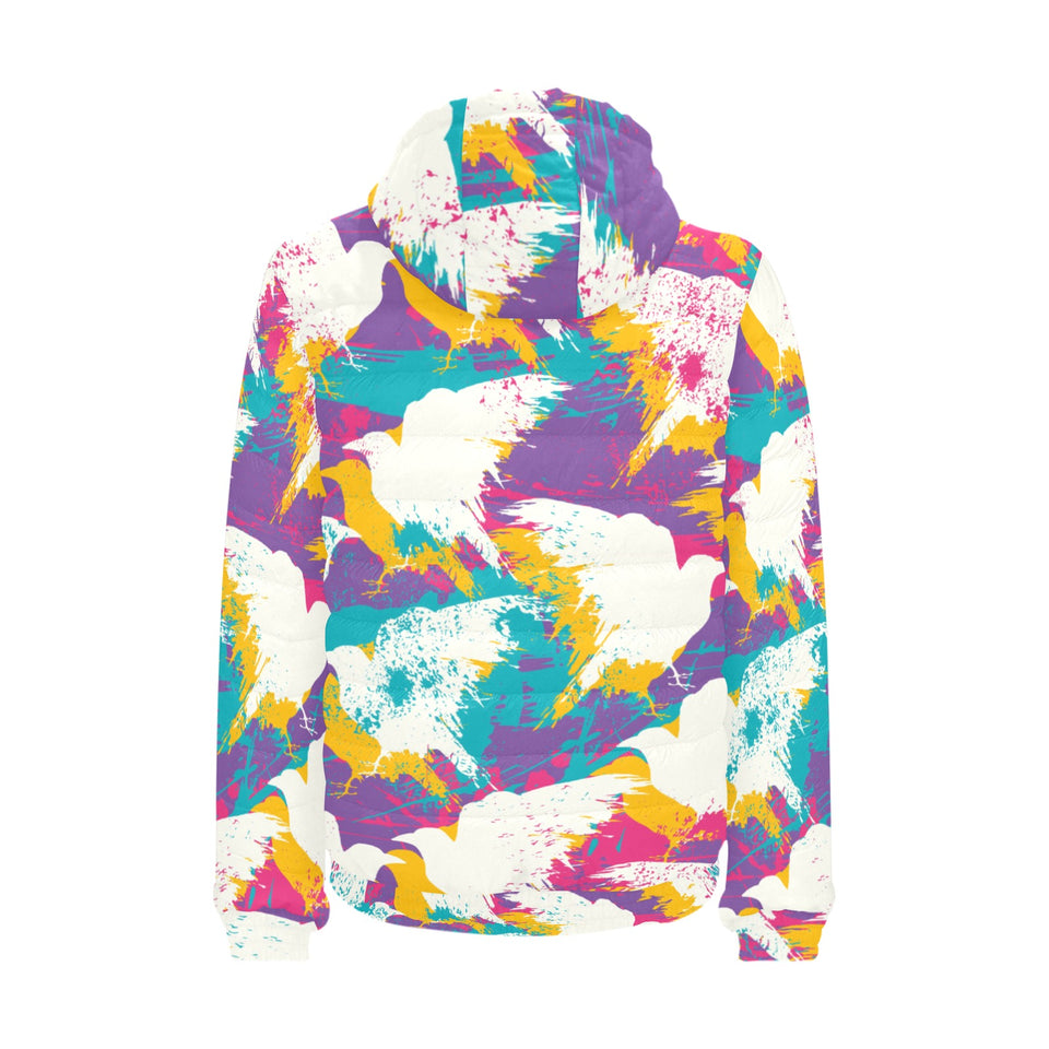 Colorful crow illustration pattern Men's Padded Hooded Jacket