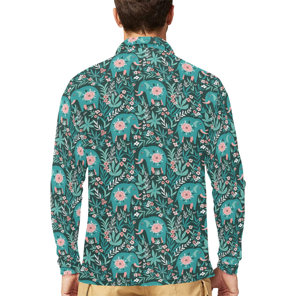 Elephants jungle pattern Men's Long Sleeve Polo Shirt
