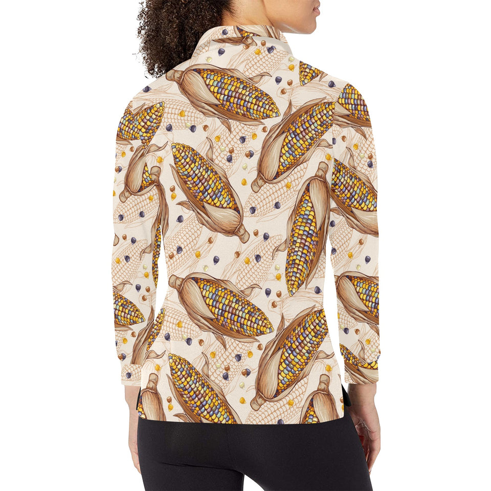 Corn Pattern Print Design 03 Women's Long Sleeve Polo Shirt