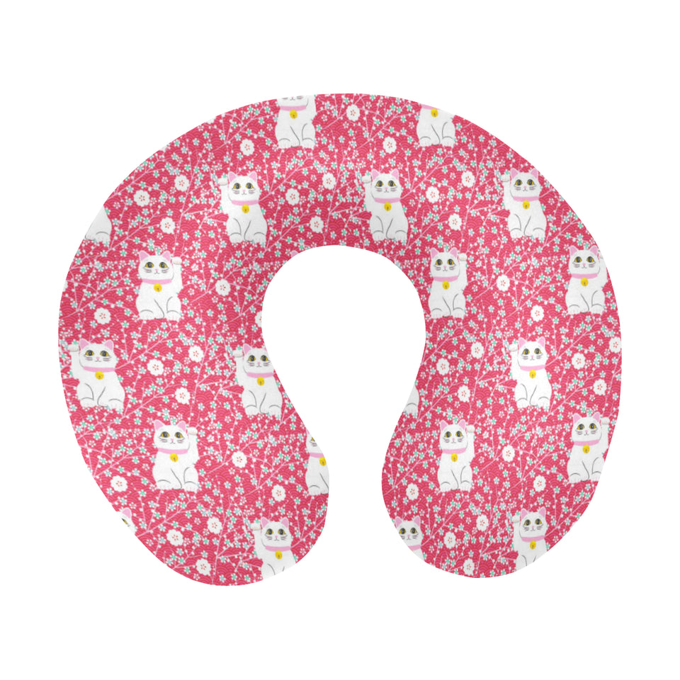 Maneki neko cat sakura pink background U-Shaped Travel Neck Pillow