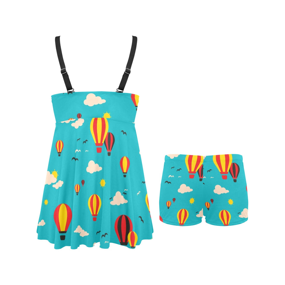 Hot Air Balloon Sky Pattern Chest Sexy Pleated Two Piece Swim Dress