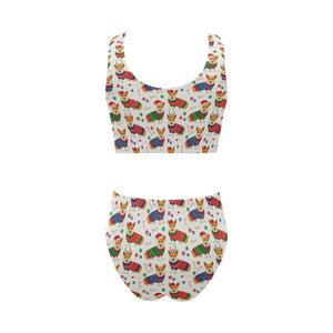 Corgi Christmas Pattern Chest Bowknot High Waisted Bikini Swimsuit