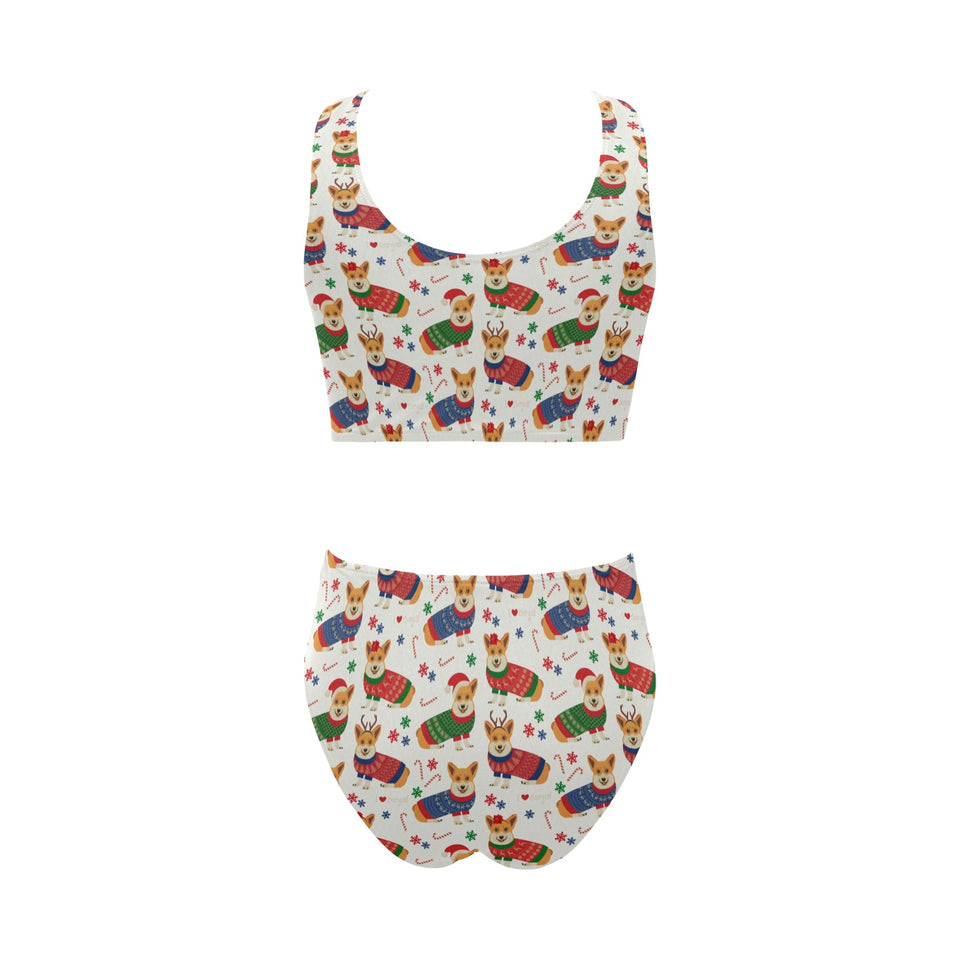 Corgi Christmas Pattern Chest Bowknot High Waisted Bikini Swimsuit