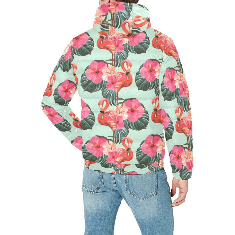 Beautiful flamingo tropical palm leaves hibiscus p Men's Padded Hooded Jacket