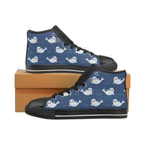 Cute white baby sea lion seal pattern Women's High Top Canvas Shoes Black