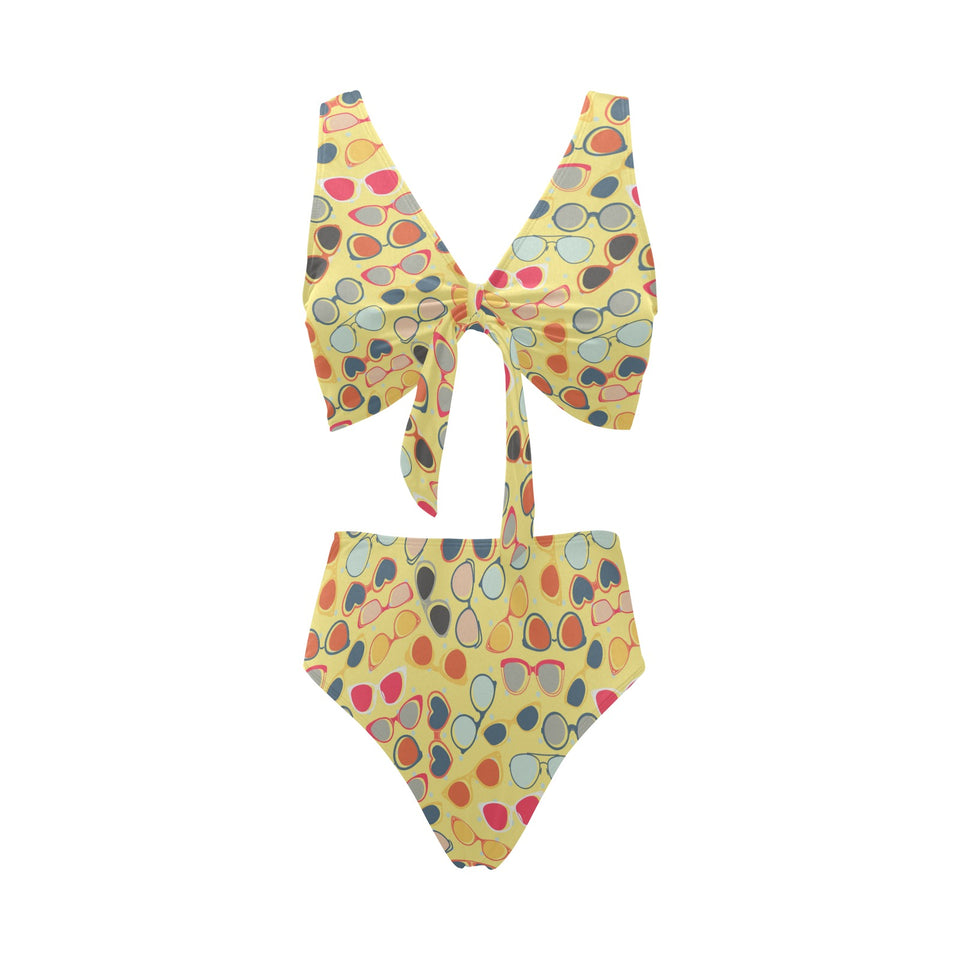 Sun Glasses Pattern Print Design 05 Chest Bowknot High Waisted Bikini Swimsuit