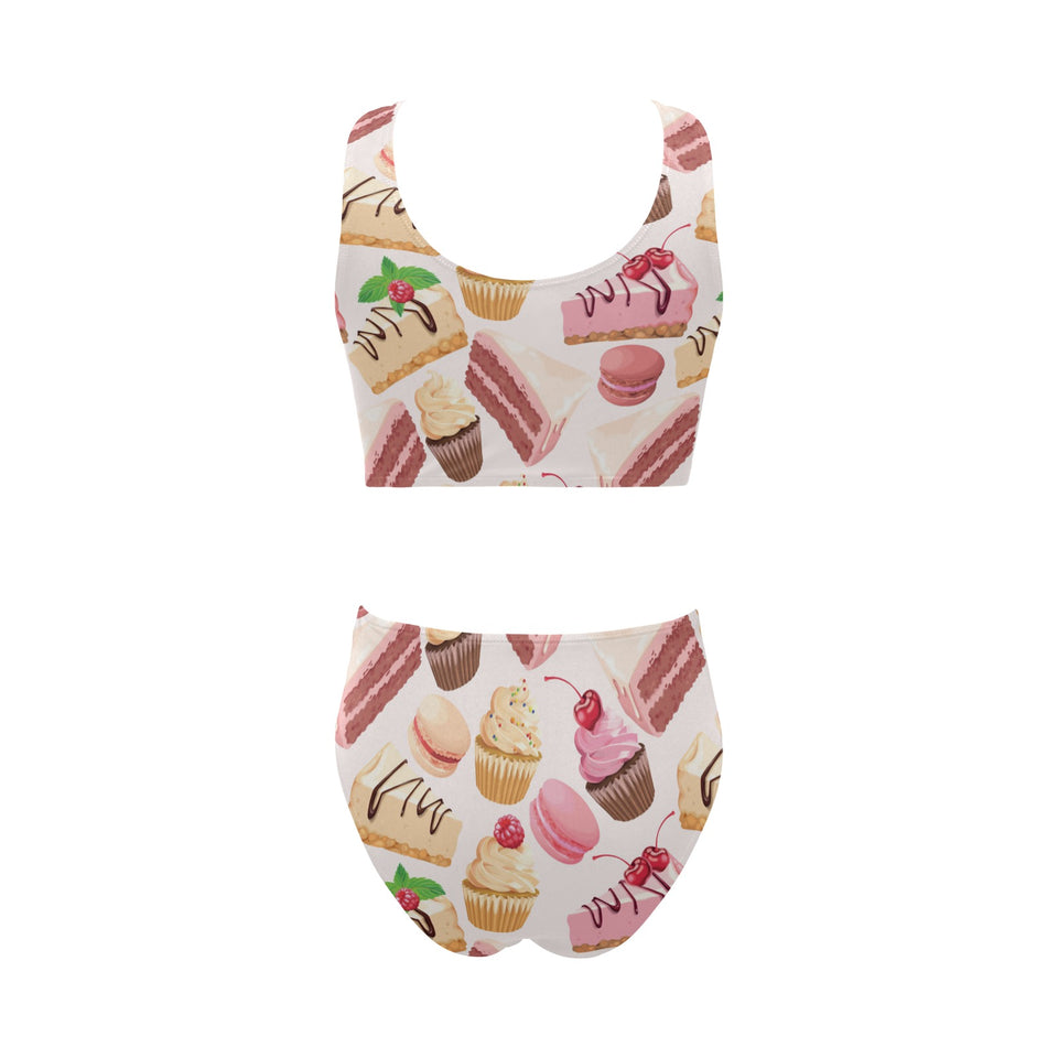 Cake cupcake sweets pattern Chest Bowknot High Waisted Bikini Swimsuit