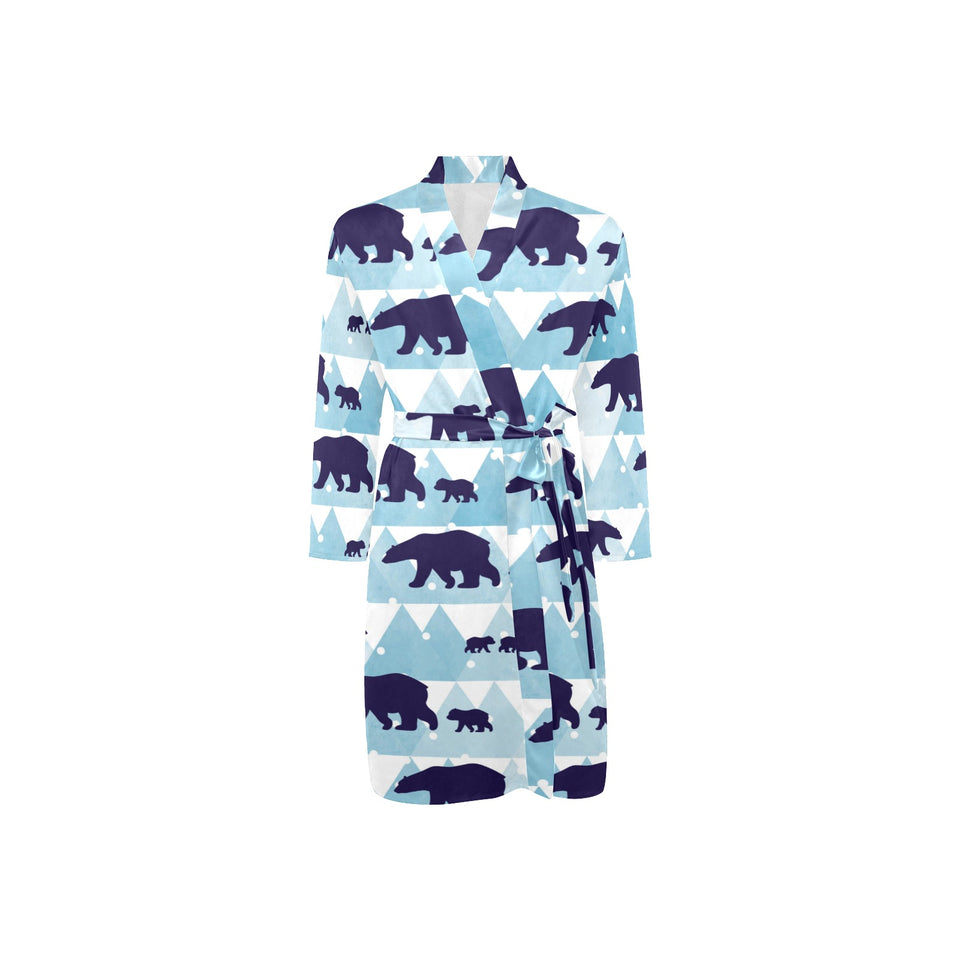 polar bear winter snow pattern Men's Long Sleeve Belted Night Robe