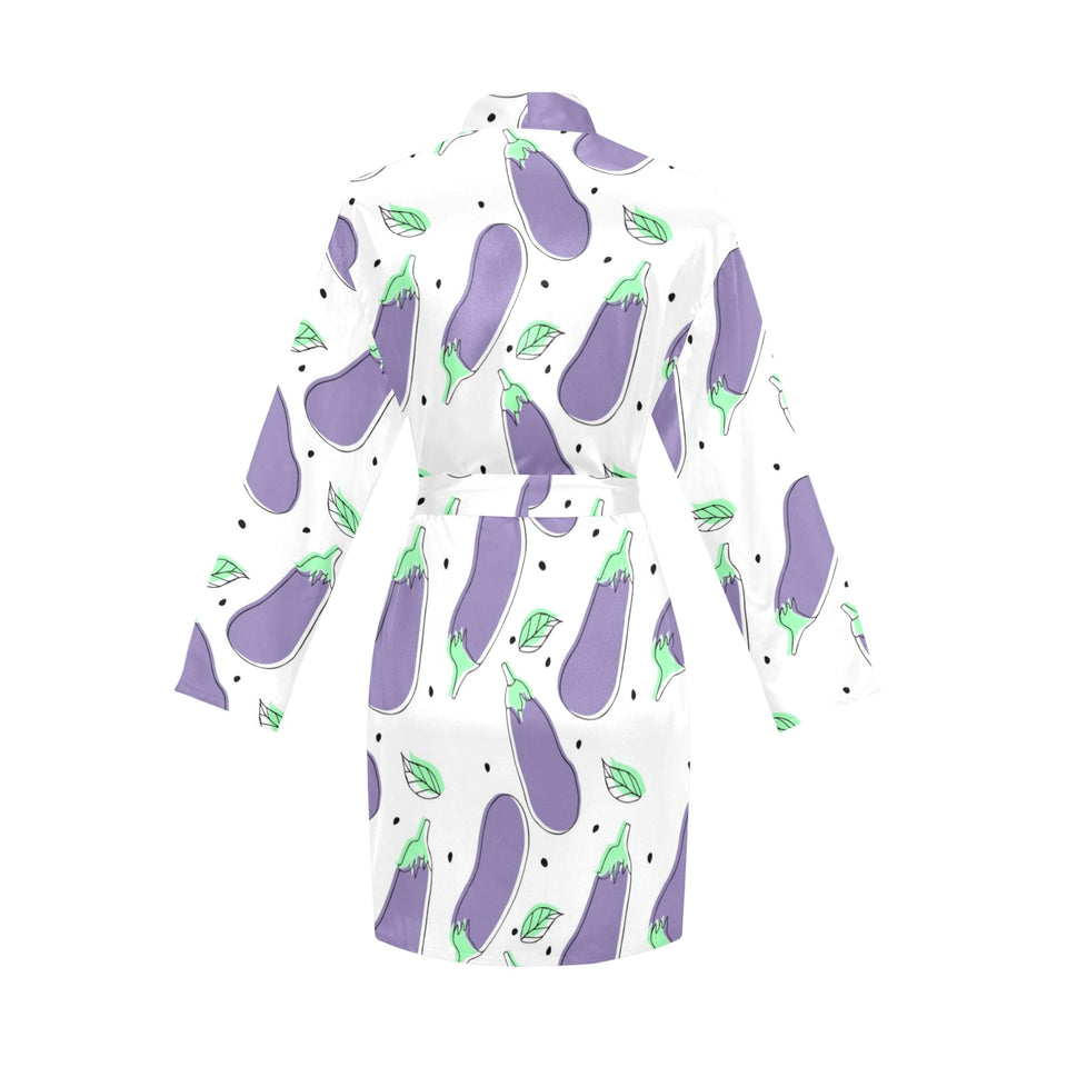 Eggplant Pattern Print Design 05 Women's Long Sleeve Belted Night Robe