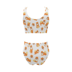 Brown pomeranian pattern Chest Bowknot High Waisted Bikini Swimsuit