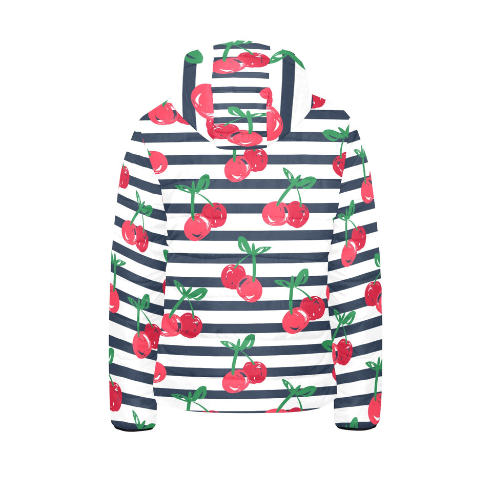 Hand drawn cherry pattern striped background Kids' Boys' Girls' Padded Hooded Jacket