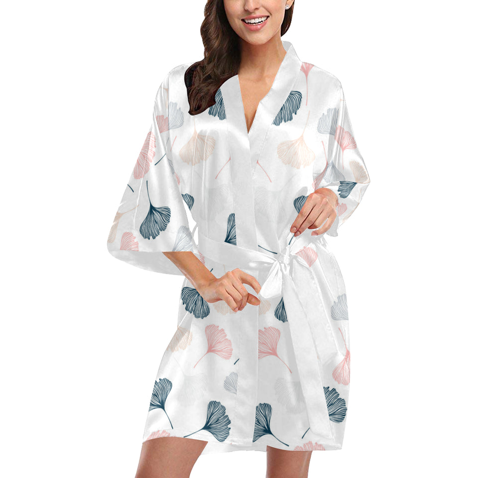 Black Gray Cream coral ginkgo leaves pattern Women's Short Kimono Robe