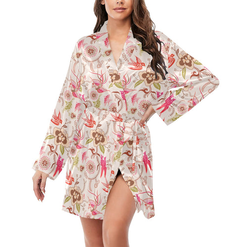 Swallow Pattern Print Design 01 Women's Long Sleeve Belted Night Robe