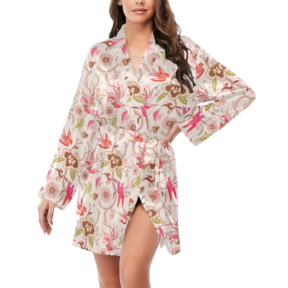 Swallow Pattern Print Design 01 Women's Long Sleeve Belted Night Robe