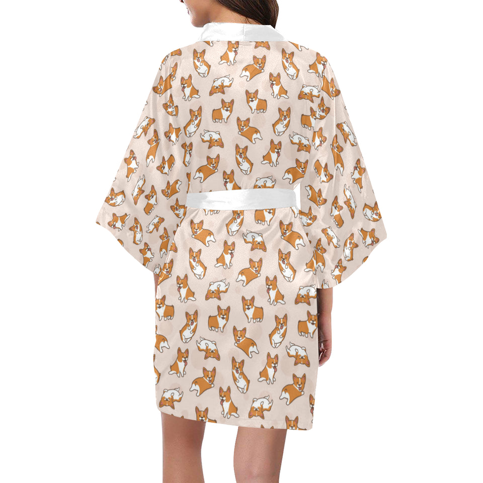 Cute Corgis Pattern pink background Women's Short Kimono Robe
