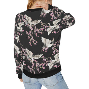 Japanese crane pink sakura pattern Women's Crew Neck Sweatshirt