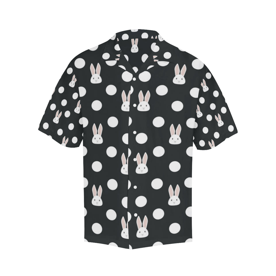 Cute white rabbit polka dots black background Men's All Over Print Hawaiian Shirt