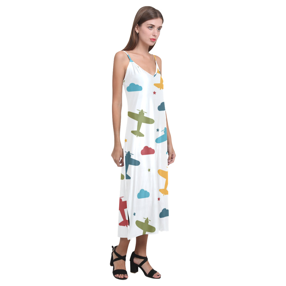 Airplane star cloud colorful V-Neck Open Fork Long Dress