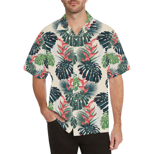 heliconia flowers, palm and monstera leaves Men's All Over Print Hawaiian Shirt