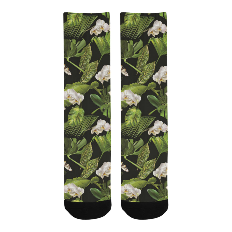 White orchid flower tropical leaves pattern blackg Crew Socks
