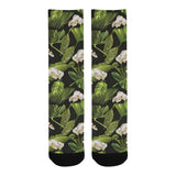White orchid flower tropical leaves pattern blackg Crew Socks