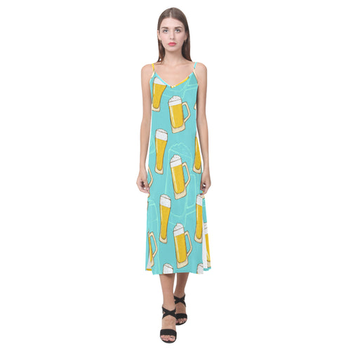 Beer pattern green background V-Neck Open Fork Long Dress