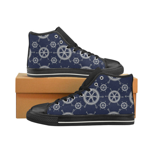 nautical steering wheel design pattern Women's High Top Canvas Shoes Black