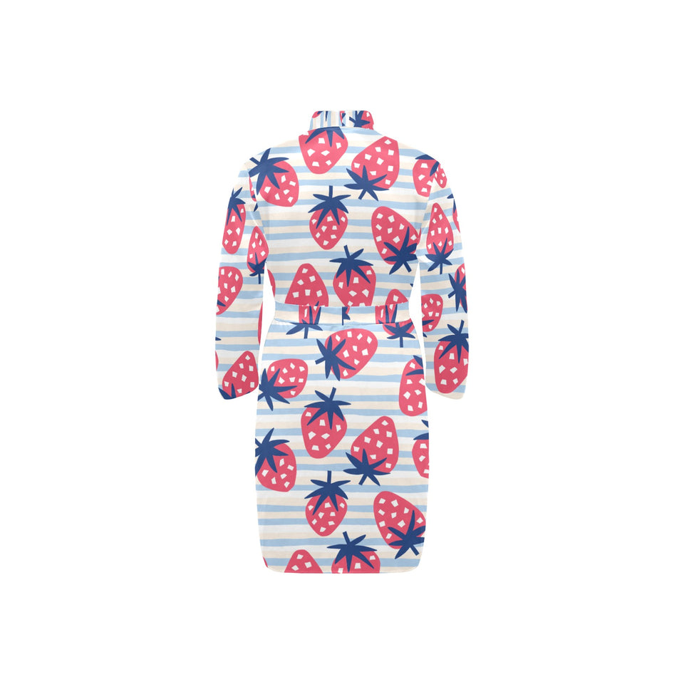 Strawberry pattern blue lines background Men's Long Sleeve Belted Night Robe