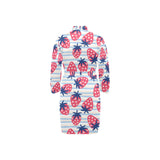 Strawberry pattern blue lines background Men's Long Sleeve Belted Night Robe