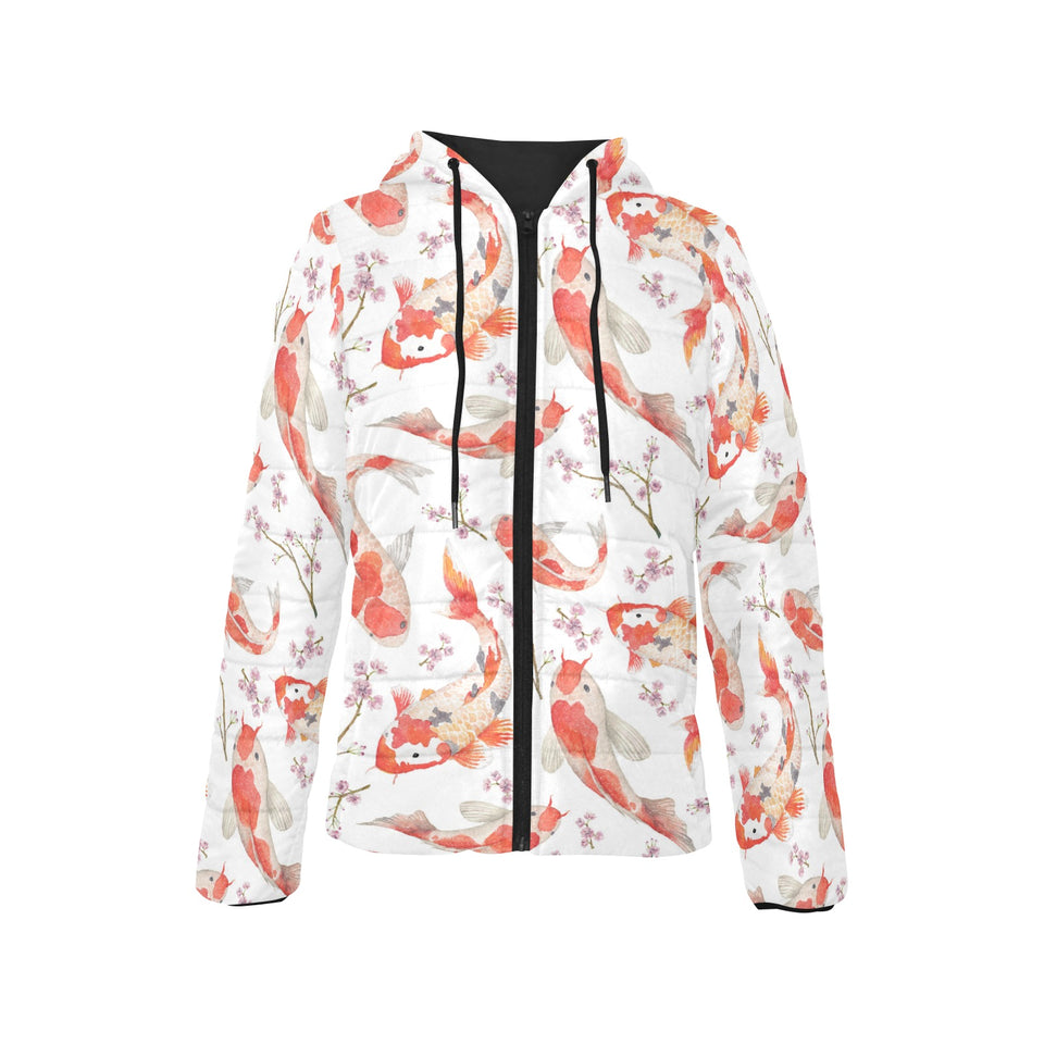 Watercolor Koi Fish Carp Fish pattern Women's Padded Hooded Jacket