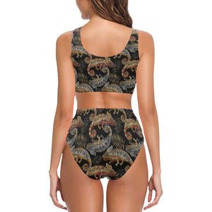 Chameleon lizard tropical leaves palm tree Chest Bowknot High Waisted Bikini Swimsuit