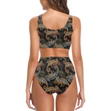 Chameleon lizard tropical leaves palm tree Chest Bowknot High Waisted Bikini Swimsuit