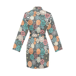 Gear Pattern Print Design 05 Women's Long Sleeve Belted Night Robe