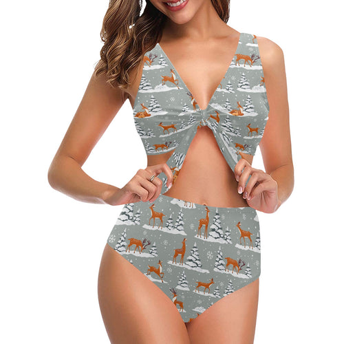 Beautiful deers Winter Christmas Chest Bowknot High Waisted Bikini Swimsuit