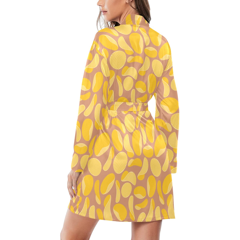 Potato Chips Pattern Print Design 01 Women's Long Sleeve Belted Night Robe