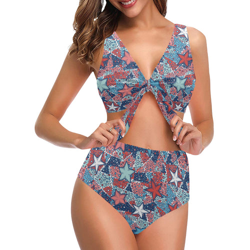 Hand drawn colorful starfish Chest Bowknot High Waisted Bikini Swimsuit